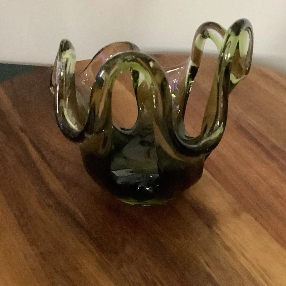 Vintage Murano Style Art Glass Bowl Votive | Olive Green Smoky Glass - Picture 4 of 9